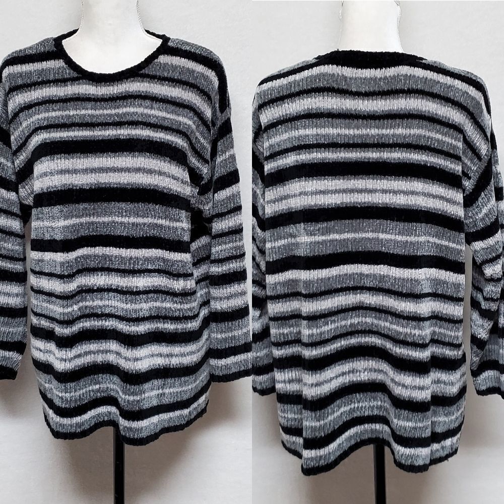 VINTAGE 1990s All Points Black Gray Striped Chenille Crew Neck Sweater